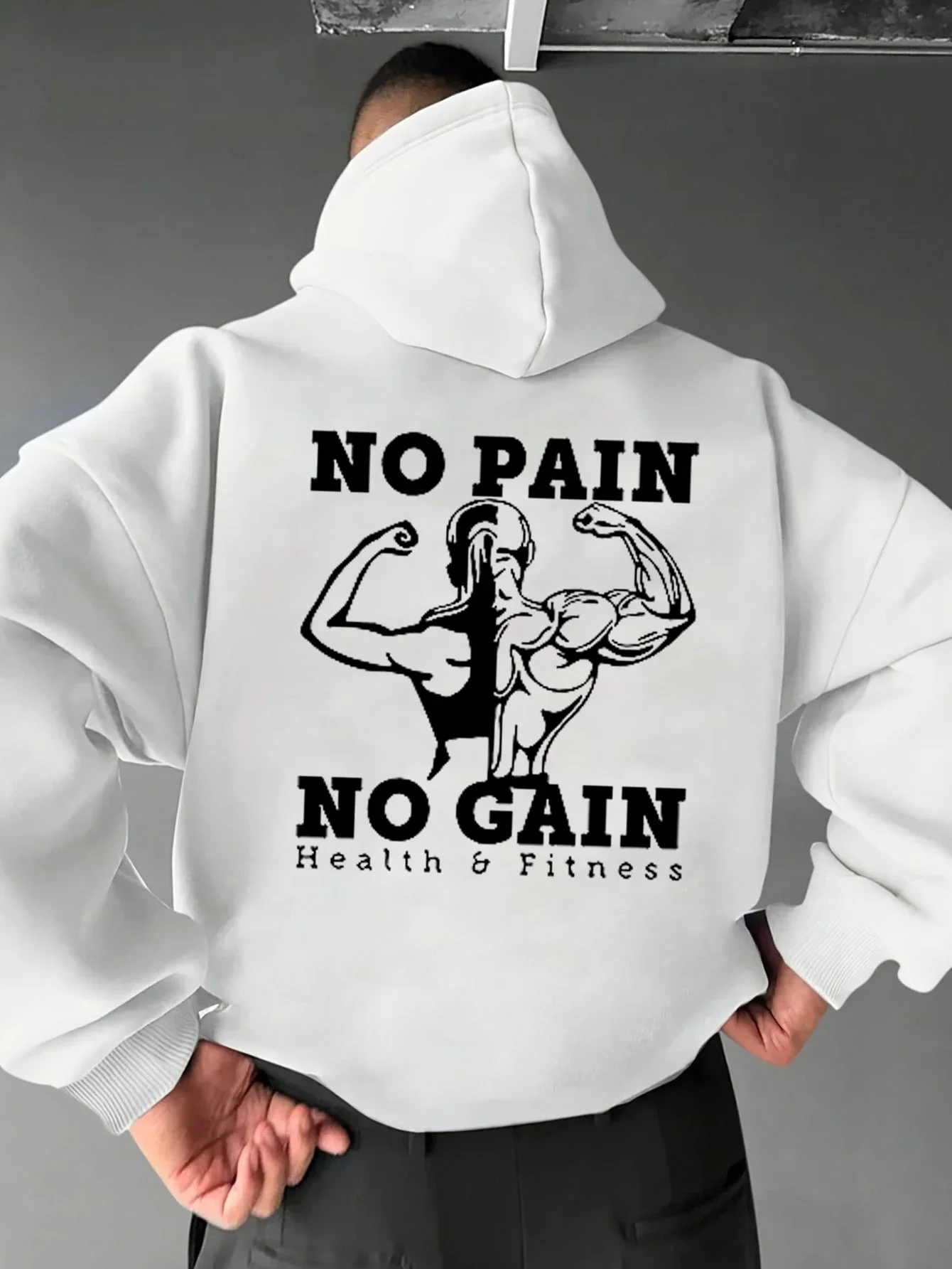Moletom com capuz para homens, ideal para academia, com estampa gráfica «Sem dor, sem ganho», forro de lã, modelo pullover para treino, corte folgado,
