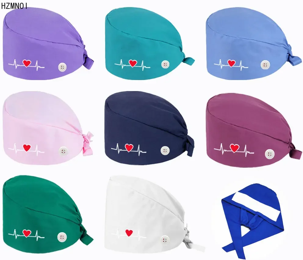 Gorro bordado con forma de corazón para mujer, gorro de enfermera con botones, para salón de belleza, farmacia, laboratorio, mascota, médico quirúrgico, sala de operaciones