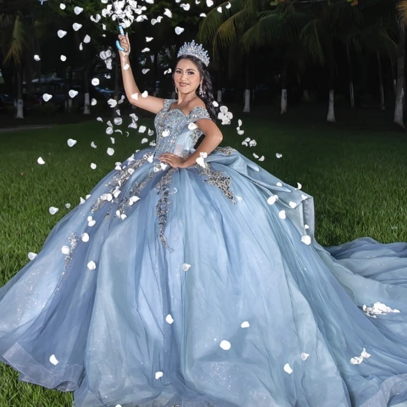 

Sea Blue Shiny Quinceanera Dresses Ball Gown Off Shoulder Applique Lace Beading Bow Corset Birthday Payty Sweet 16 Dress Vestido