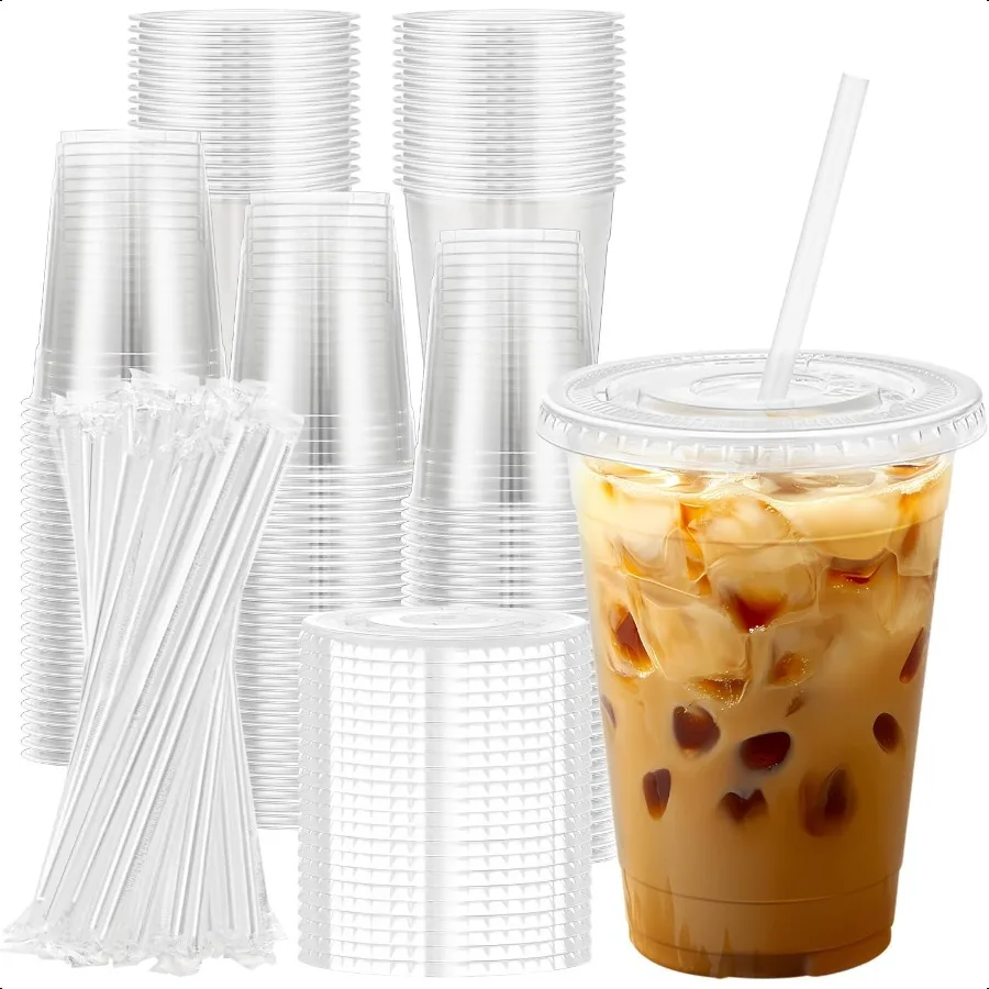 

100 Pack 16 oz Clear Plastic Cups with Lids and Straws Plastic Coffee Cups with Lids for Iced Coffee Cold Beverages Smoothies