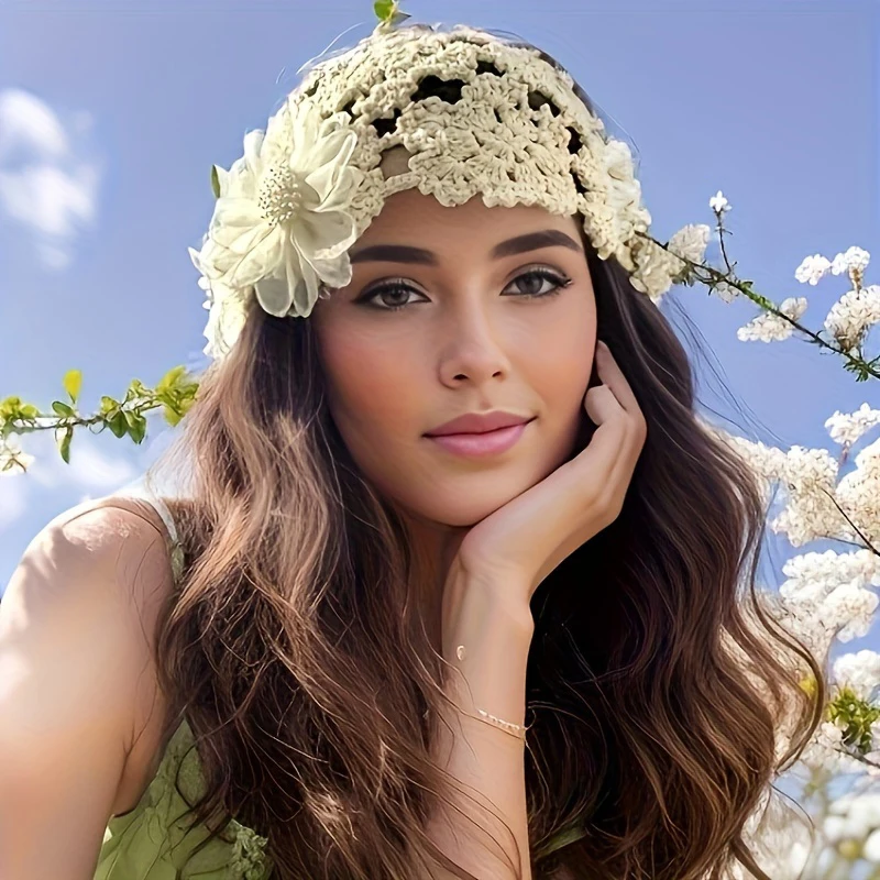 2024 New Handmade Knitted Hat Elegant Flower Lace Crochet Hollow Headband Hat Soft Breathable Beanie Caps Casual Versatile Hat