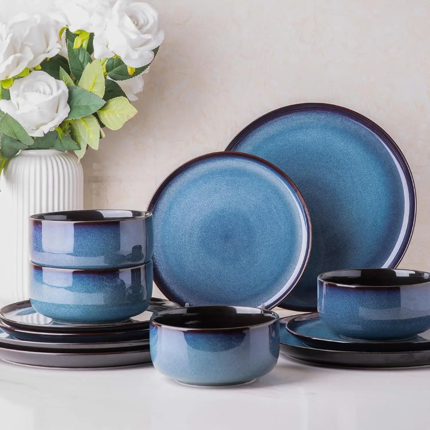 

Ceramic Dinnerware Set for 4, Handmade Reactive Glaze Plates and Bowls, Chip and Scratch Resistant, Oven Safe