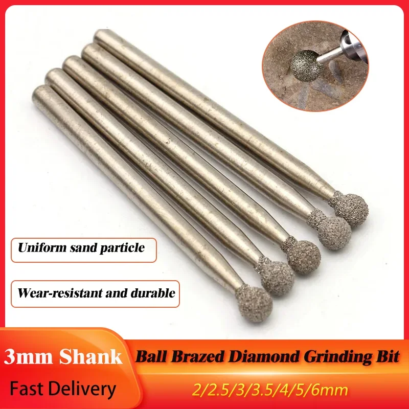 

1/5/10Pcs 2/2.5/3/3.5/4/5/6mm Ball Brazed Diamond Grinding Bit 3mm Shank For Polishing Abrasive Accessories Dremel Rotary Tools