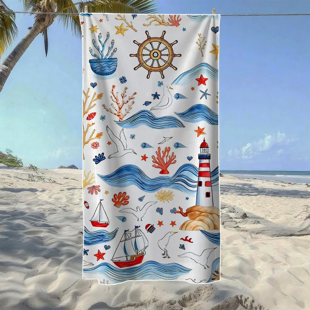 Marine Nautical Pattern Beach Towel, Soft Quick-Drying, Perfect For Portable Outdoor Travel, Swimming, Camping And Summer Beach