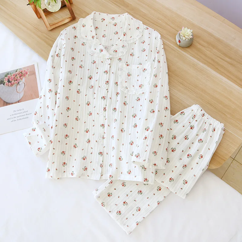 Women\'s Sweet Long Sleeves Pants Home Clothing Lace Lapel Pockets Printing Pajamas Loose and Casual Cotton Gauze Sleepwear