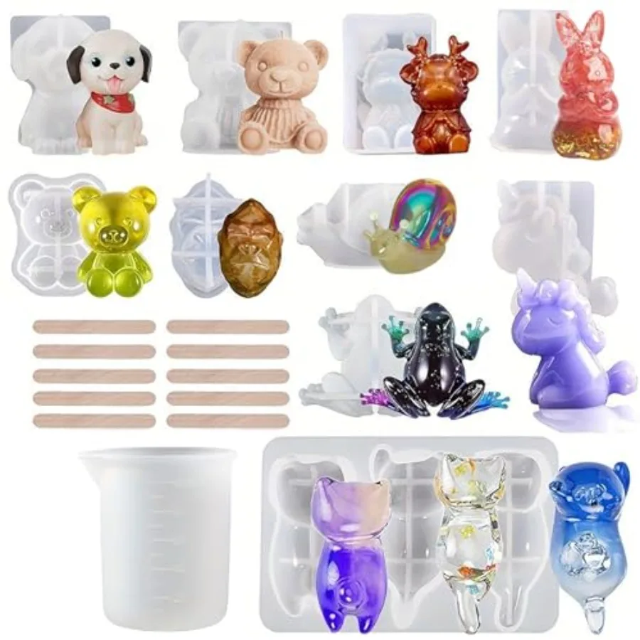 21 PCS 3D Animal Silicone Resin Molds, Epoxy Resin Casting Mold Kits for DIY Dog Cat Bear Resin Craft Gift Crystal Ornament Pai