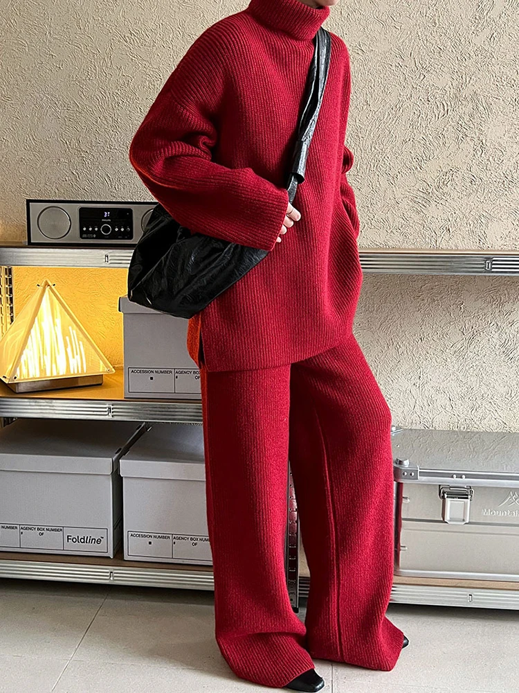 [EAM] Red Big Size Sweater Wide Leg Pants Two Piece Suit New Turtleneck Long Sleeve Women Fashion Spring Autumn 2025 1DH8626