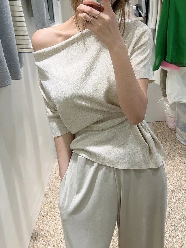 

Slim Fit Pure Color oulder Baring ort Sve T-irt Women's Faionable Korean Sle Casual Wear Moisture ng Summer...
