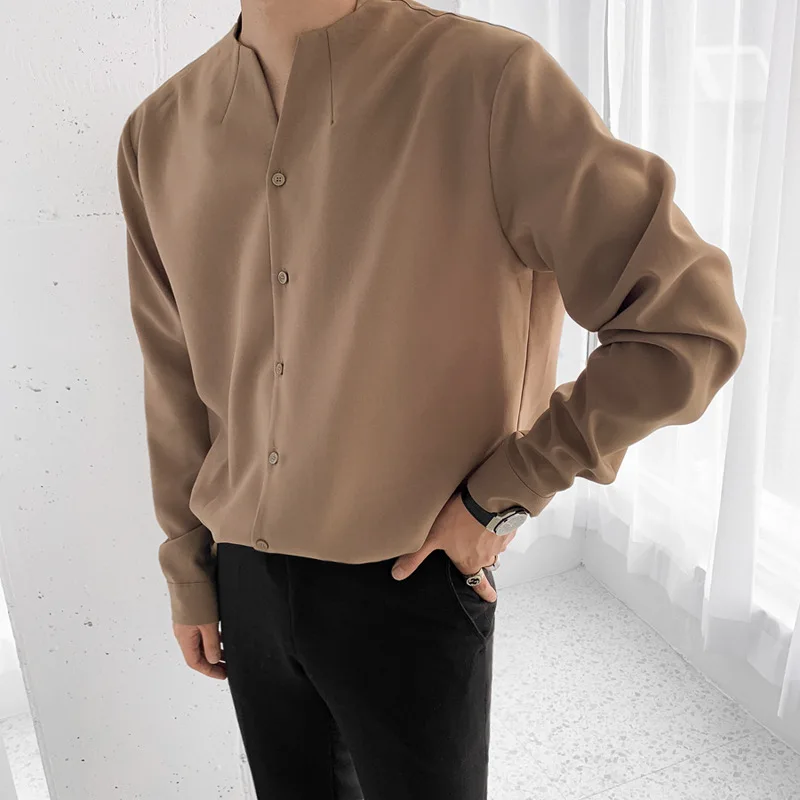 Autumn Khaki Long Sleeve Shirts for Men New Korean Niche Design Collarless Slim Non-iron Irregular Solid Color Shirt Men