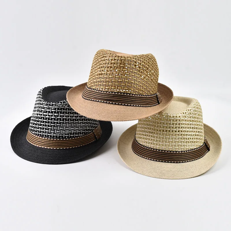 Lässiger Atmungsaktiver Kurzbrim-Strohhut Frühling Sommer Sonnenschutz Strandhüte Trilby Fedora Hut
