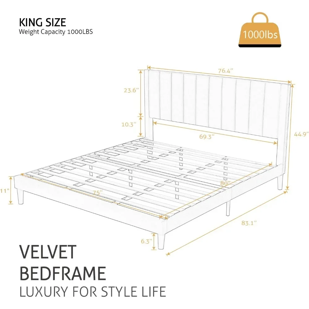 Bed Frame/Velvet Upholstered Platform Bed Frame with Headboard/Strong Wood Slats Support/Mattress Foundation