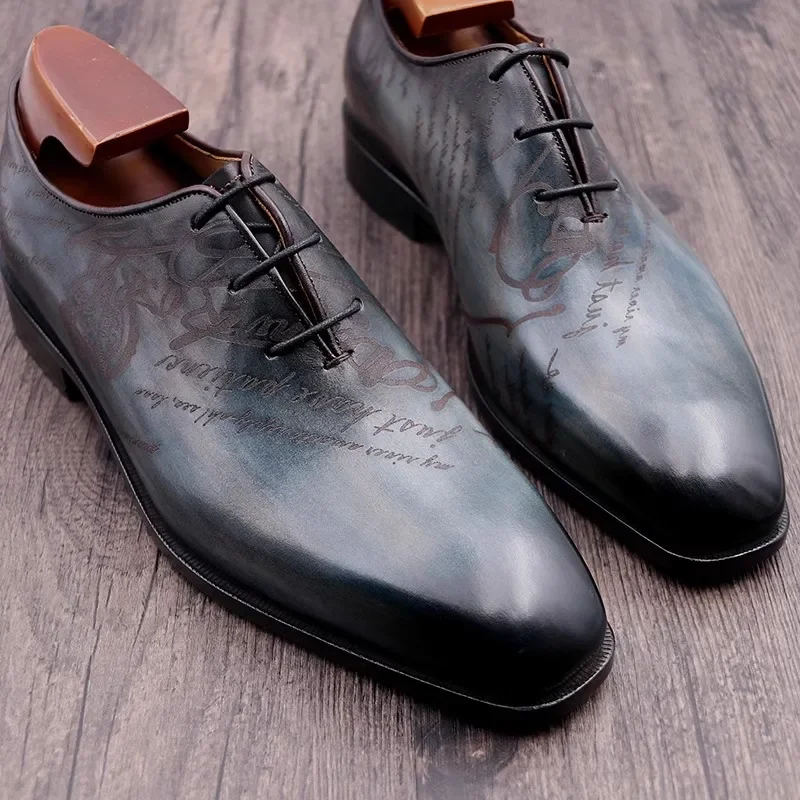 

Mens Luxury Wedding Party Blue Dress Sqaure Toe Lace Up Business Man Work Cowhide Genuine Leather Formal Shoes