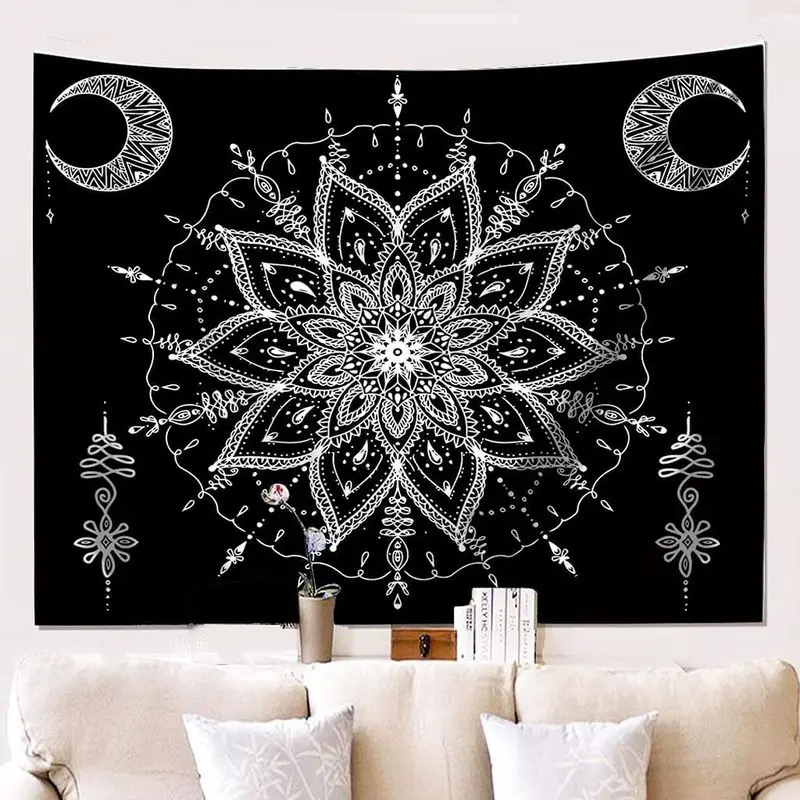 VIKAMA White Flower Mandala Star Moon Tapestry, Crescent Spiritual Wall Hanging for Bedroom Living Room Dorm Decor