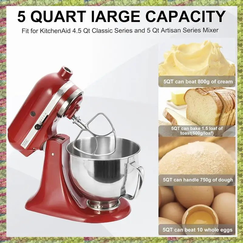 キッチンエイド 4.5-5QT チルトヘッドスタンドミキサーアクセサリーミキシングボウル + ダンピング保護カバー + フラットスターラーアタッチメントシルバー
