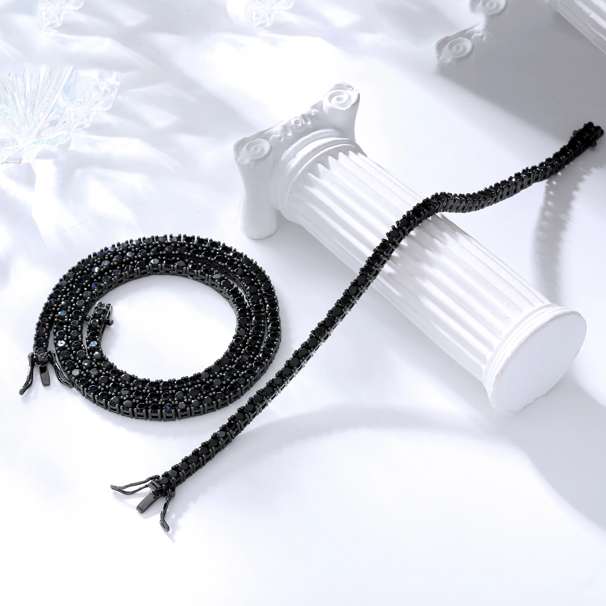 

3mm Round Black Cubic Zircon Necklace Hip hop Riviera Jewelry Set