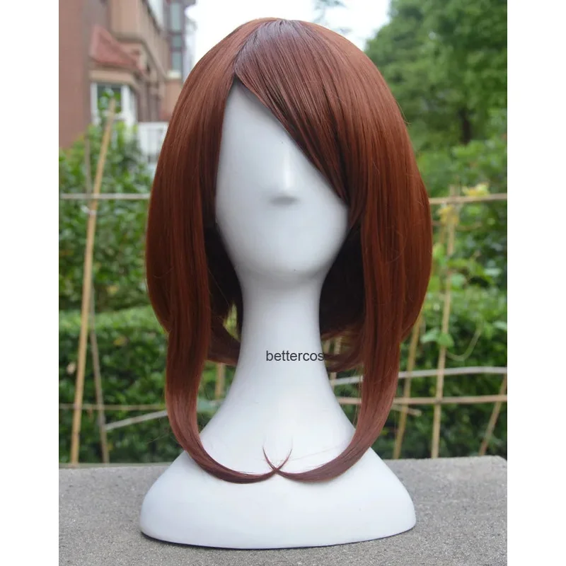 Pelucas de Cosplay de My Hero Academia Boku no Hiro Akademia Uraraka Ochako, pelo sintético corto marrón Bob resistente al calor + gorro de peluca
