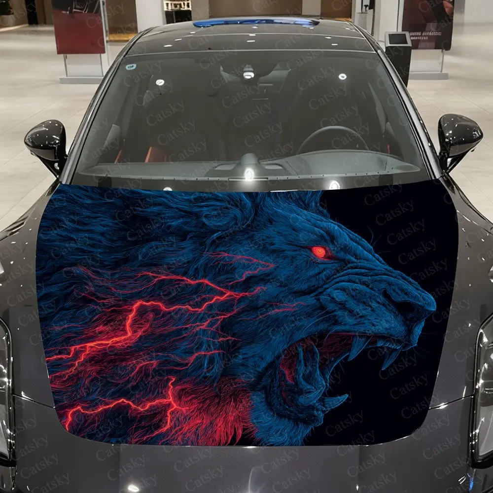 Red Lightning Black Lion Car Hood Wrap - Waterproof PVC Self-Adhesive Decal, Scratch-Resistant, Durable Car & Truck Hood Cover