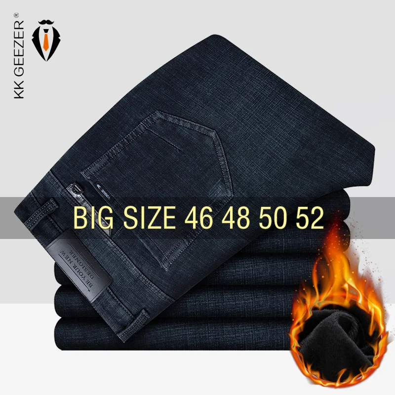 Winter Jeans Men Fleece Straight Cotton Denim Pants Casual Trousers Plus Size 46 48 50 52 Oversize Thicken Warm Autumn Loose