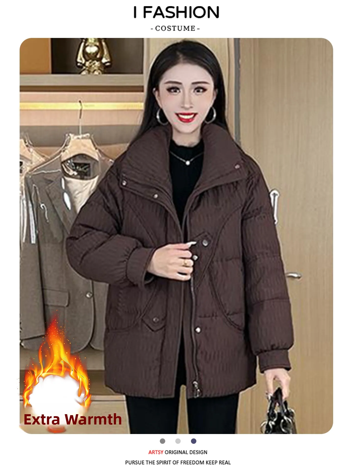 Damska kurtka puchowa z podszewką, ocieplana, z wkładkami, średniej długości, bawełniana, odzież wierzchnia, dojazdy do pracy, styl koreański, luźny krój, zapinana na zamek.