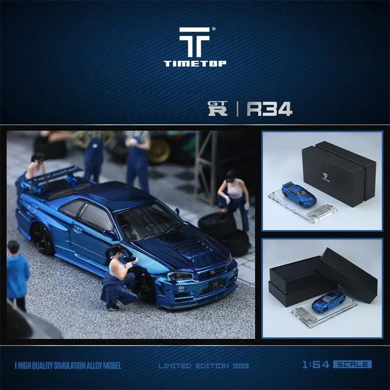 TimeTop 1:64 GTR34 Chrome Blue Carbon limited999 Diecast Model Car