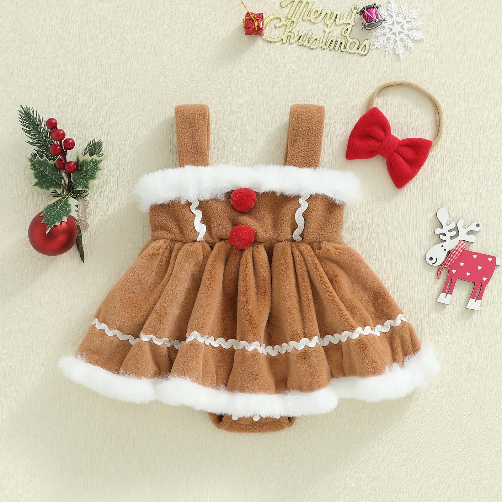 Baby Girl Christmas Outfit Long Sleeve Square Collar Gingerbread Man Romper Dress Bow Headband 2 Piece Set