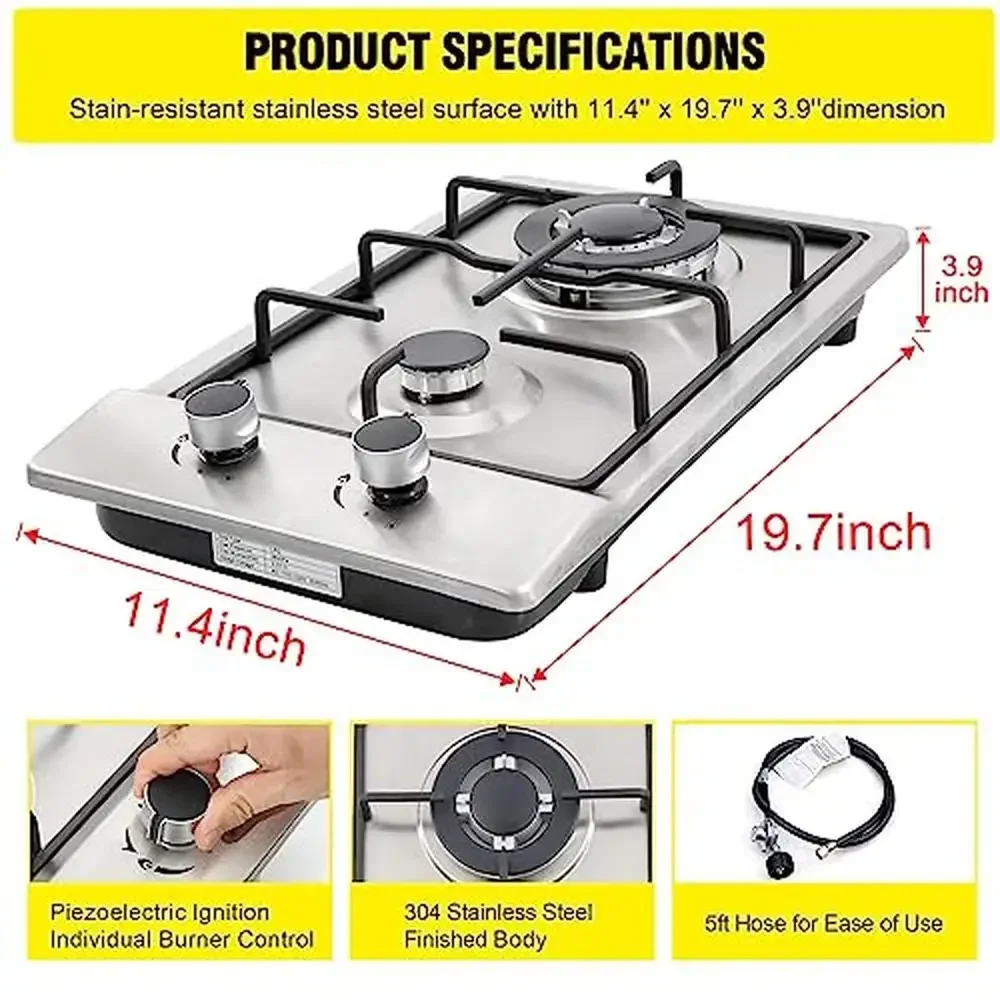 Cuisinière à gaz naturel en acier inoxydable pour touristes, 2 brûleurs, propane, compte-gouttes, toit facile à nettoyer avec ville électrique, 12 po