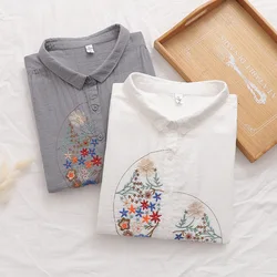 Flower Embroidered Cotton Yarn Three Quarter Sleeved Shirt for Women 2024 New Floral Print Loose Ladies White Grey Shirt &Tops