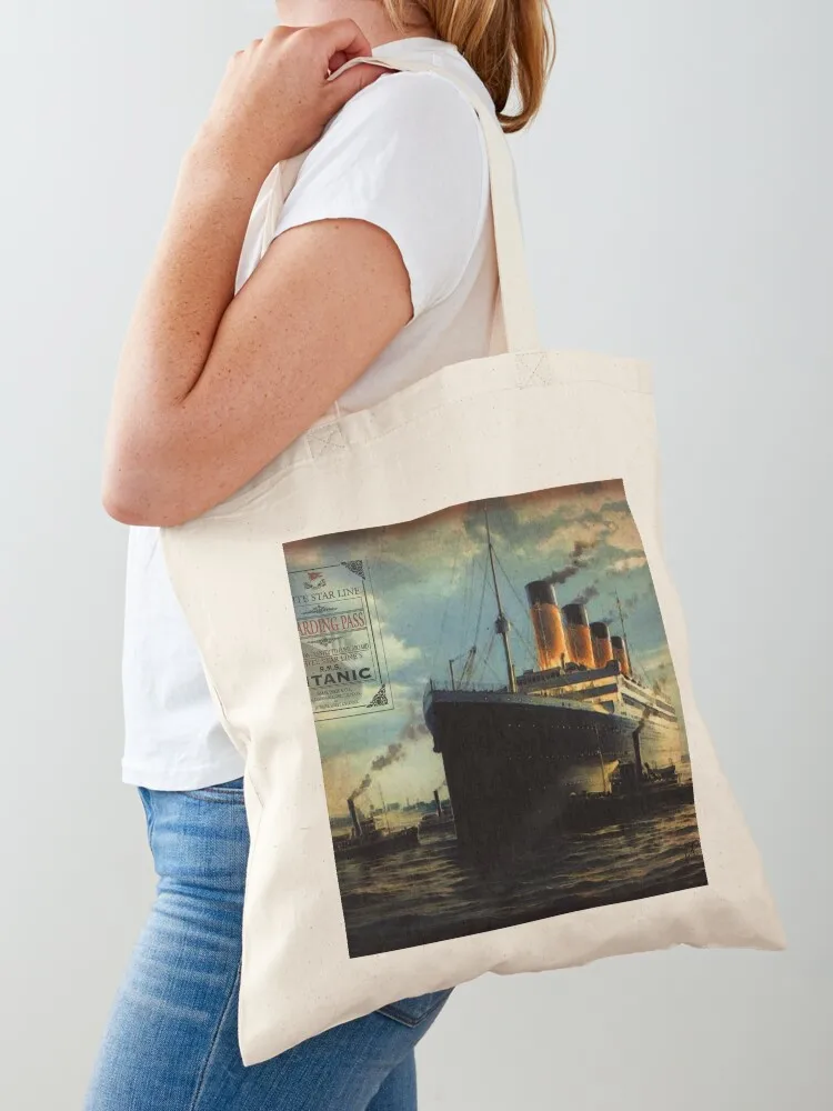 Vintage Titanic Ship with Boarding Pass Tote Bag Big bag screen Customizable Canvas