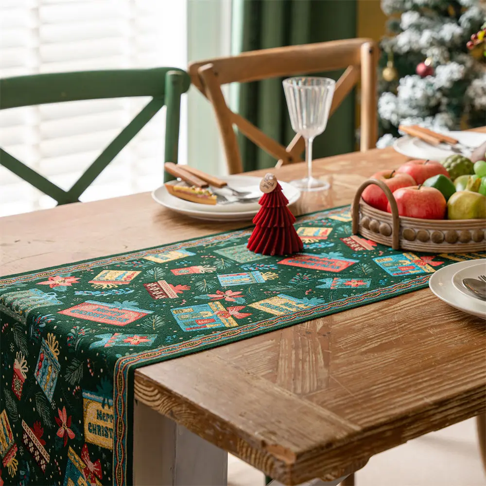 European American Table Flag, Yarn Woven Jacquard, Green Patterned Polyester Tablecloth, Dining Table Christmas Celebration Deco