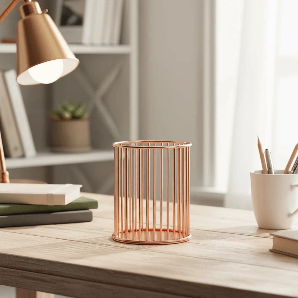Metal Material Pen Holder Hollow Out Design Rose Gold Desktop Organizer Cylindrical Shape Sturdy Construction Makeup Storage