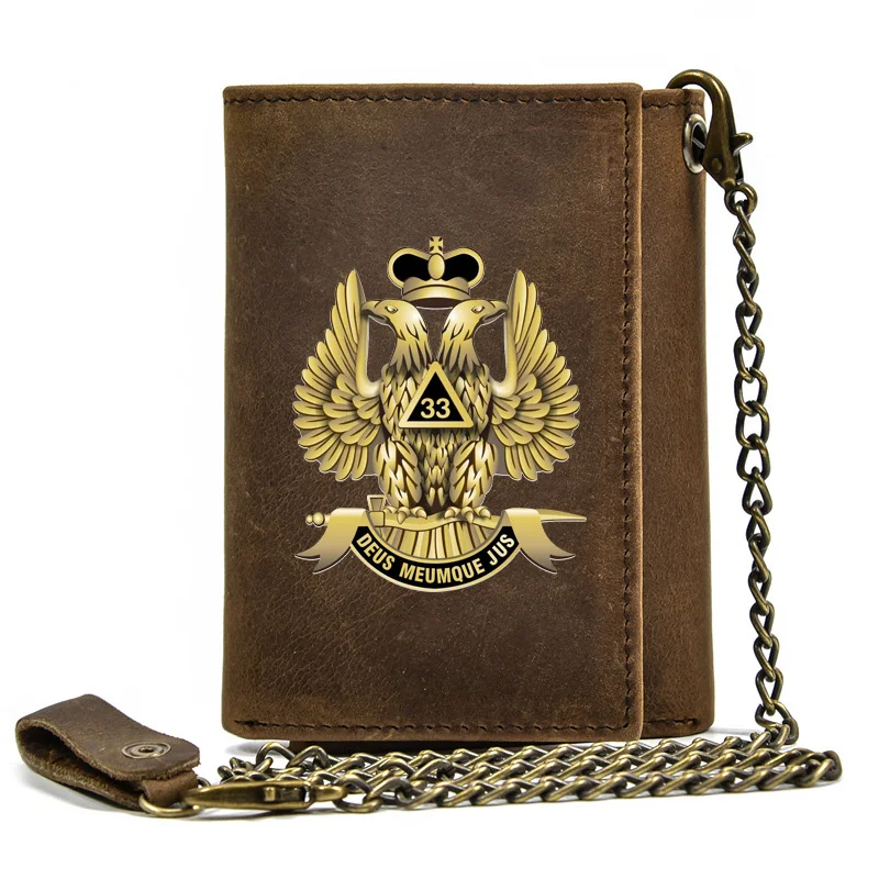 

Luxury Men Genuine Leather Wallet With Iron Chain Freemason 33 Deumque Jus Eagle Printing Card Holder Short Purse Key Bag BT441