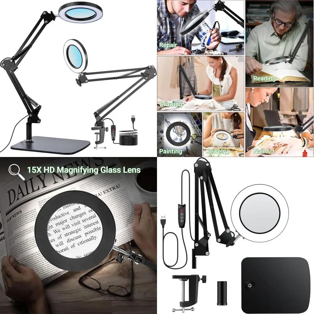 

Illuminated 3-in-1 Magnifying Glass with Adjustable Brightness, Metal Base & Clamp for Precision Work, Reading, and Crafts