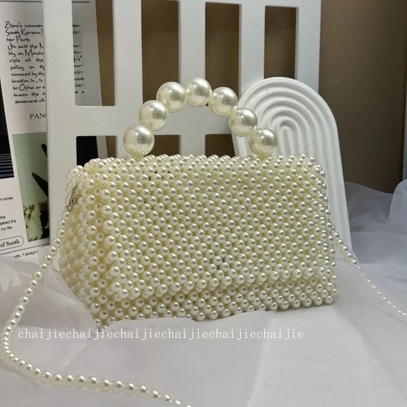 

New Fashion Handwoven Beaded Pearl Chain Handheld Crossbody Bags for Woman Vintage Senior Celebrity Evening Bag Customization