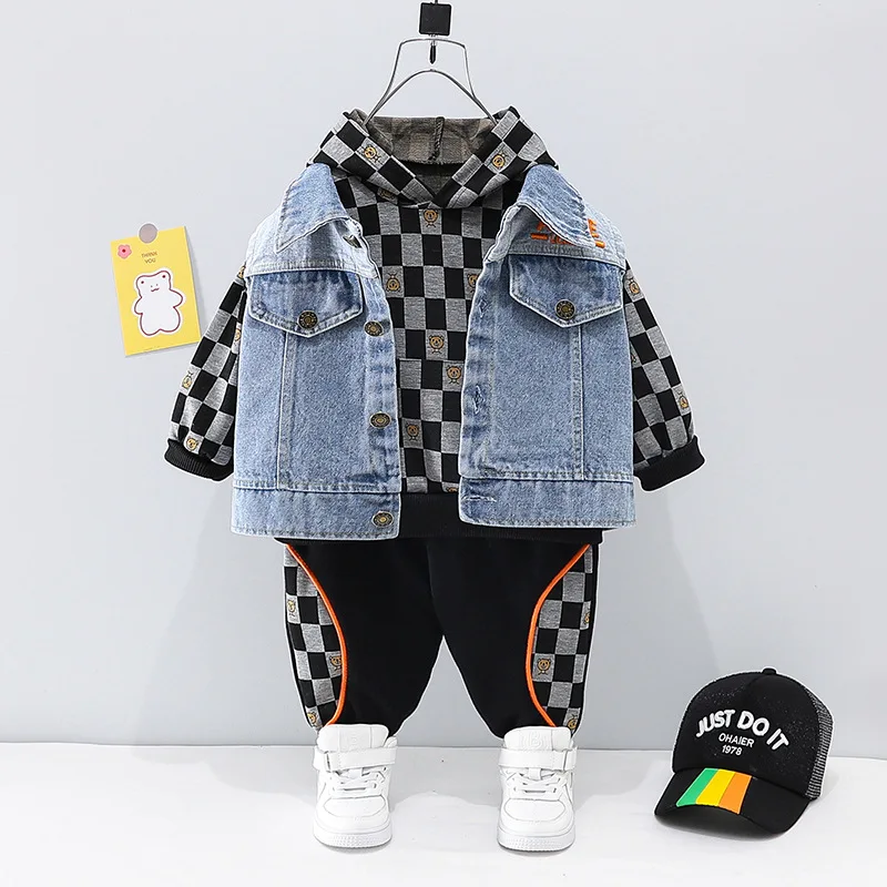 

Toddler Boy Birthday Outfit Cartoon Pullover Long Sleeve Hooded Hoodies + Denim Vest + Sweatpants Kids Suits Boys Clothing Sets