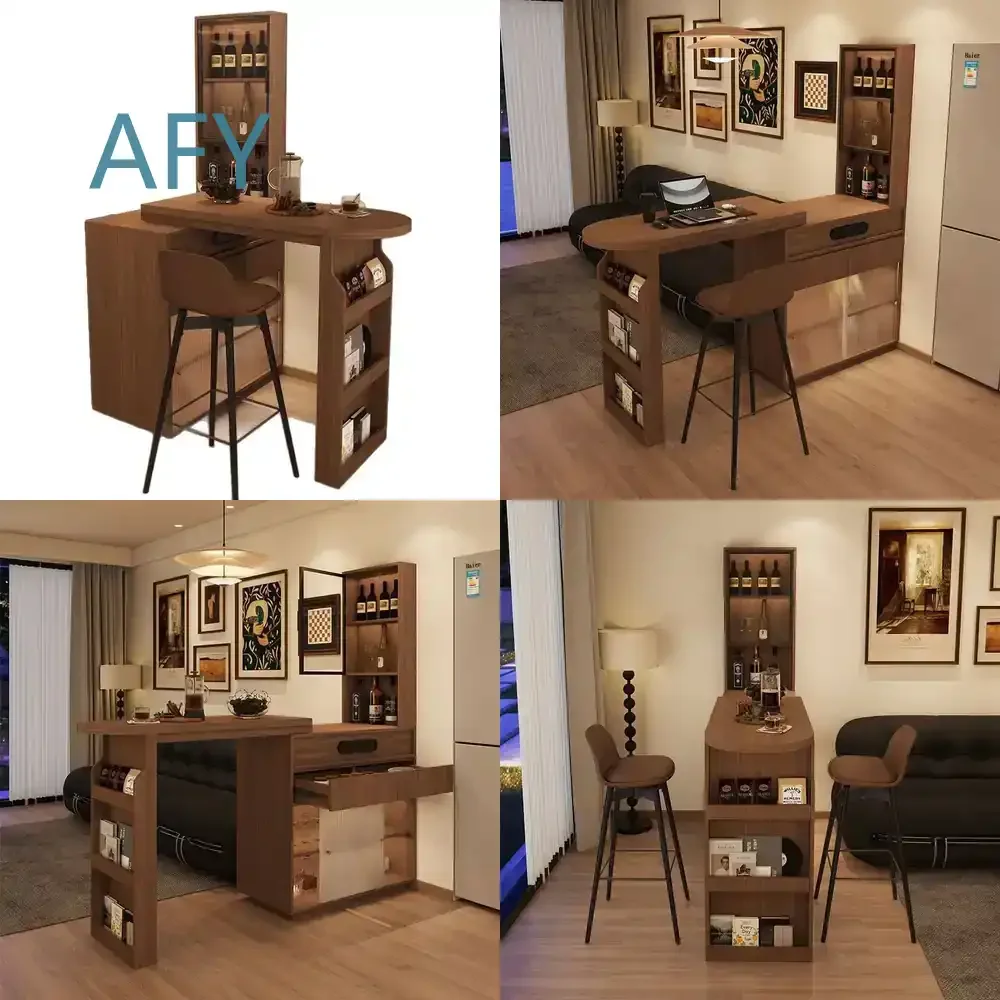 Solid Wood Retro Bar Counter for Home Living Room for Small Space for Apartment for Studio for Office Retractable Table Solid