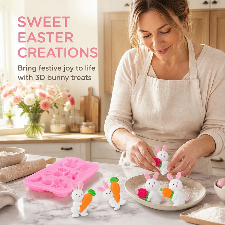 1pc Easter Bunny Carrot Silicone Mold, DIY Easter Egg Rabbit Chocolate Fondant Cake Gummy Baking Decor, 3 Styles - view 2