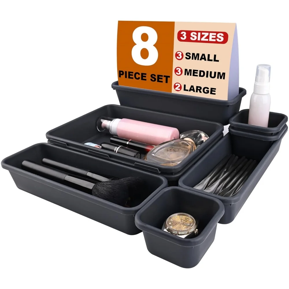 8-teiliges Set Kunststoff-Schubladenorganizer für Büro, Make-up, Küche Schreibtisch-Organizer mit Flexiblem Verbindungsdesign für Effiziente Aufbewahrung