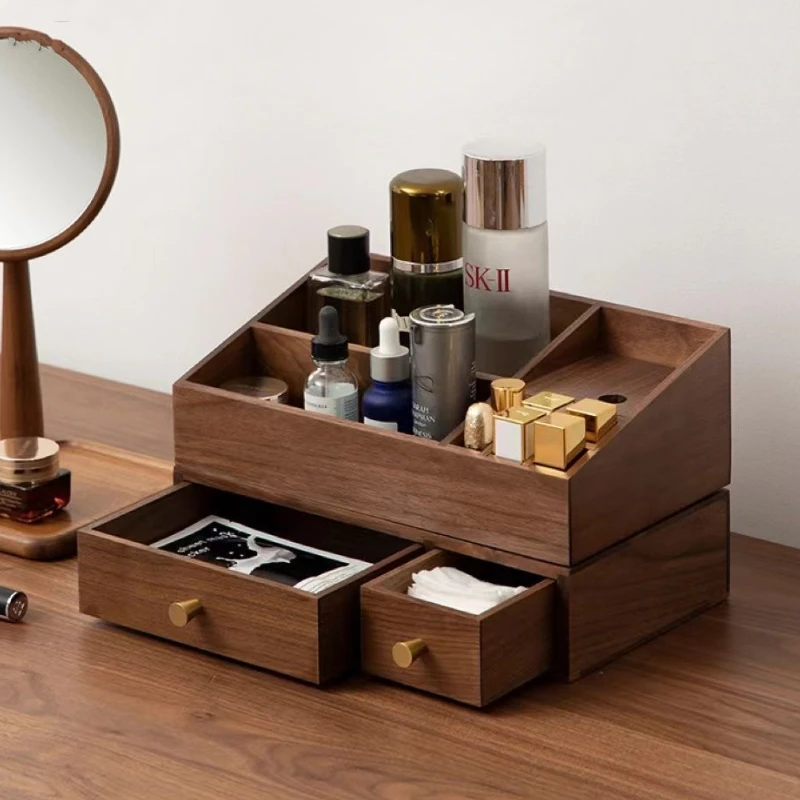 Wooden Make Up Organizer Black Walnut Storage Containers with Drawers Dressing Table Cosmetic Desktop Storage Compartment Design