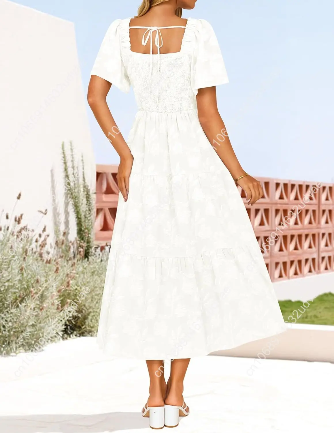 Vestidos midi florales bohemios de verano para mujer 2025 Vestido largo informal de manga corta con cuello cuadrado y vacaciones en la playa