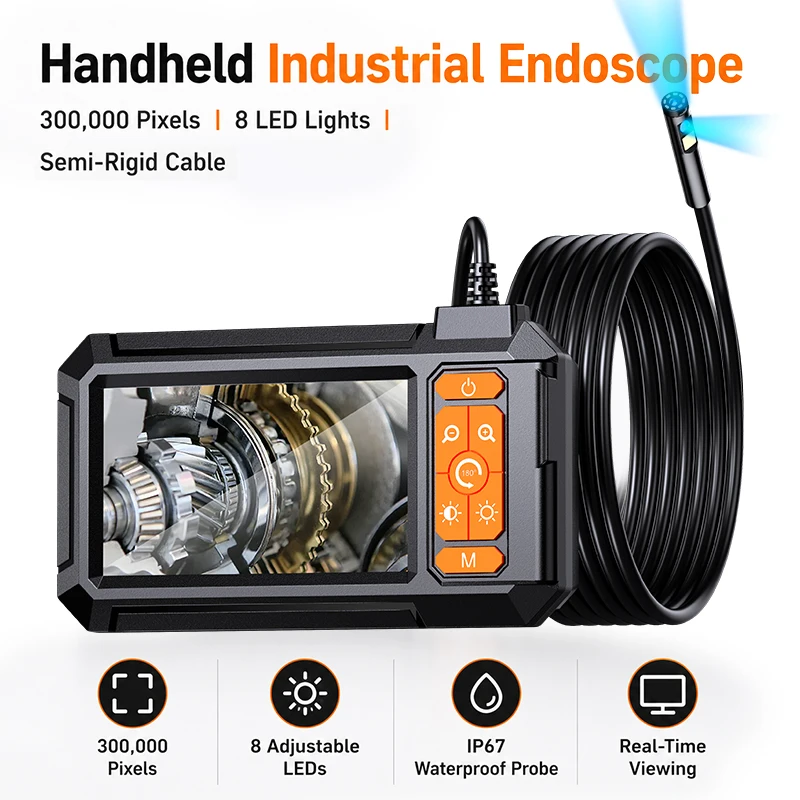Handheld Industrial Endoscope Dual Lens 300,000 Pixels 8 LED Lights Semi-Rigid Cable IP67 Waterproof Borescope Inspection Camera
