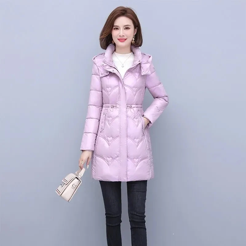 Doudoune à capuche mi-longue pour femme, veste en coton, parkas femme, surface brillante, manteau chaud, hiver, nouveau, 2023