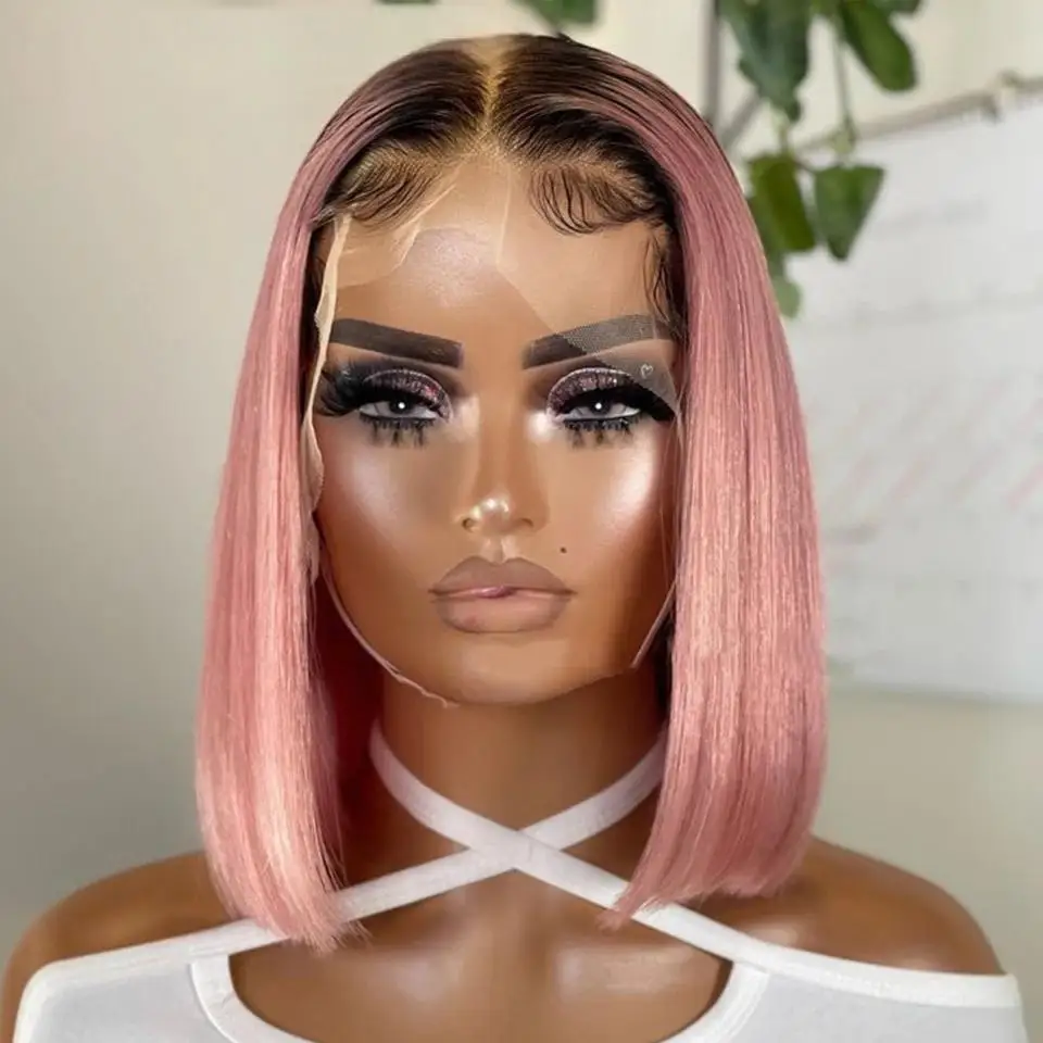

Pink Bob Wig Silky Straight Lace Front Human Hair Wigs For Women Short Bob Transparent Lace Wig Bleached Knots Pre Plucked 180%
