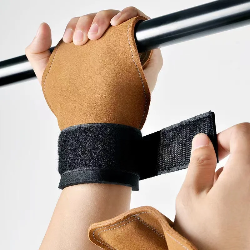 Cowhide Leather Gym Gloves Pull-ups Lifting Gymnastic Crossfit Anti-Skid Belt Wraps Support Palm Protection pads Random Color