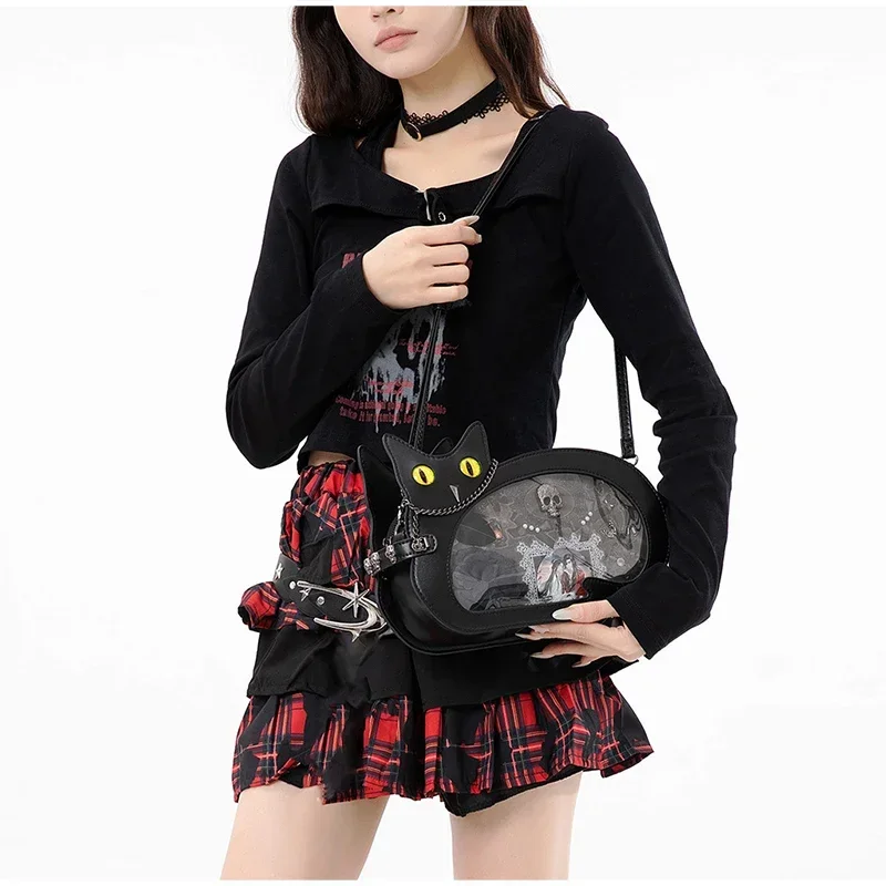 Gotische Schwarze Katzen-Ita-Tasche für Damen, Niedliche Umhängetasche mit Klarsichtfenster, Harajuku Mini-Schulter-Messenger-Tasche – Detail 5