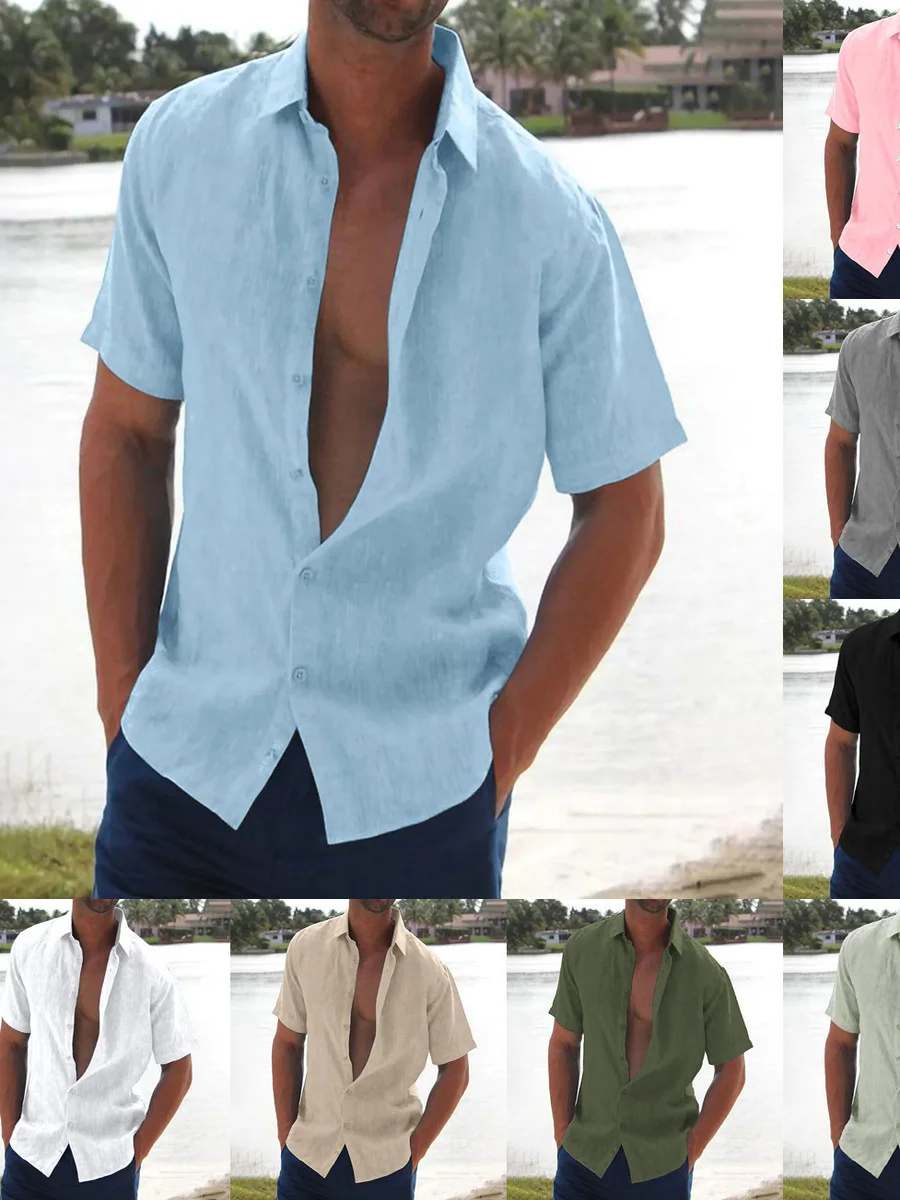 

Loose ort Sve Casual irt Pure Color Turn-down Collar Breathable Polyester Fiber Youth ular Summer irt for Men
