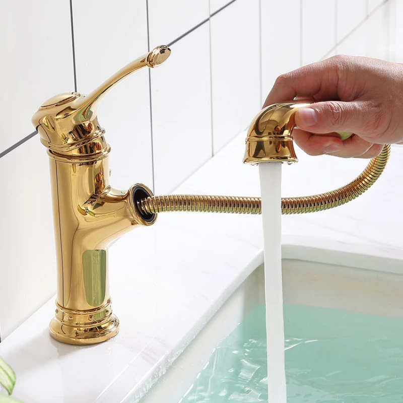 

Gold hot and cold pull-out retractable faucet shampoo dual-purpose washbasin basin washbasin