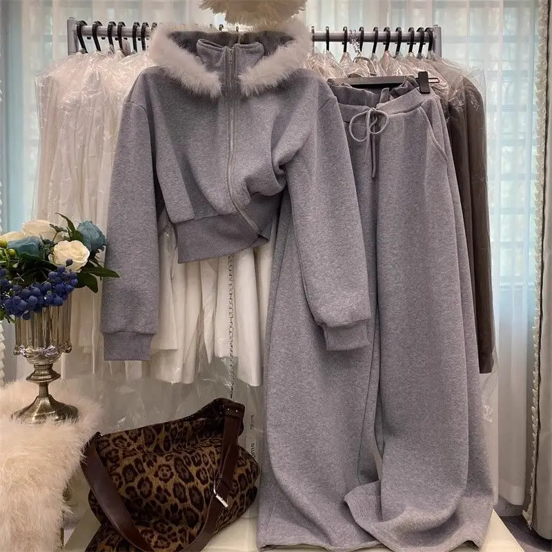 

Korean Style Fleece Lined Hooded Sweatshirt Set Women's Autumn Winter New Wide Leg Pants Two Piece Set with Fur Collar Jacket