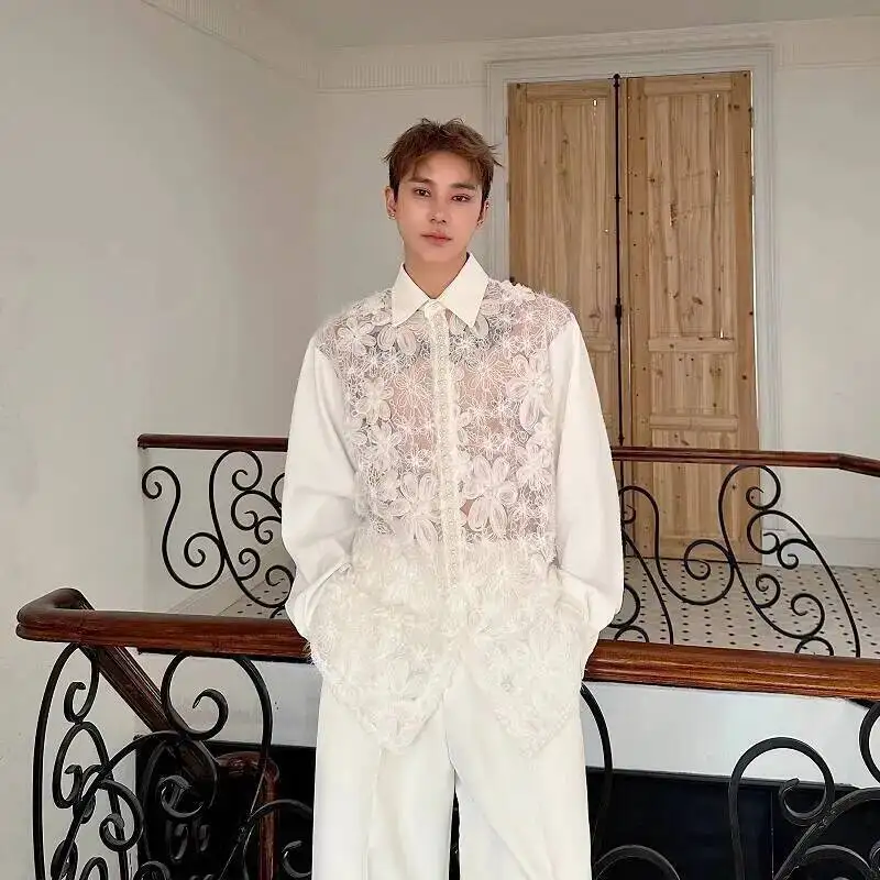 

Niche Design Men Shirts Turn-down Collar Hollow Out Pearl Lace -up Patchwork Loose Solid Color Male Long Sleeved Top