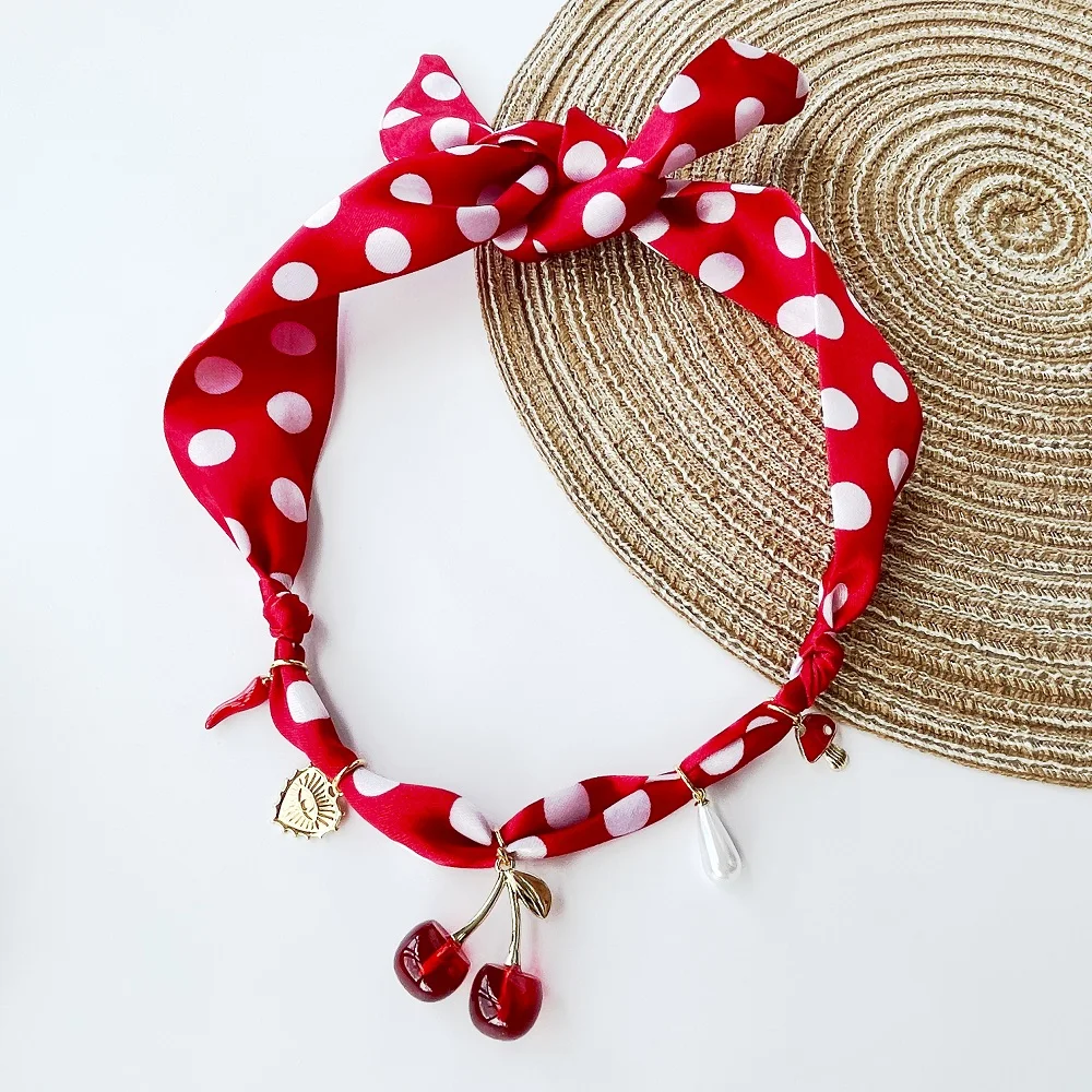 

Pink & Red Y2K Cherry Bandana Necklace, Adjustable Pendant Chocker Jewelry