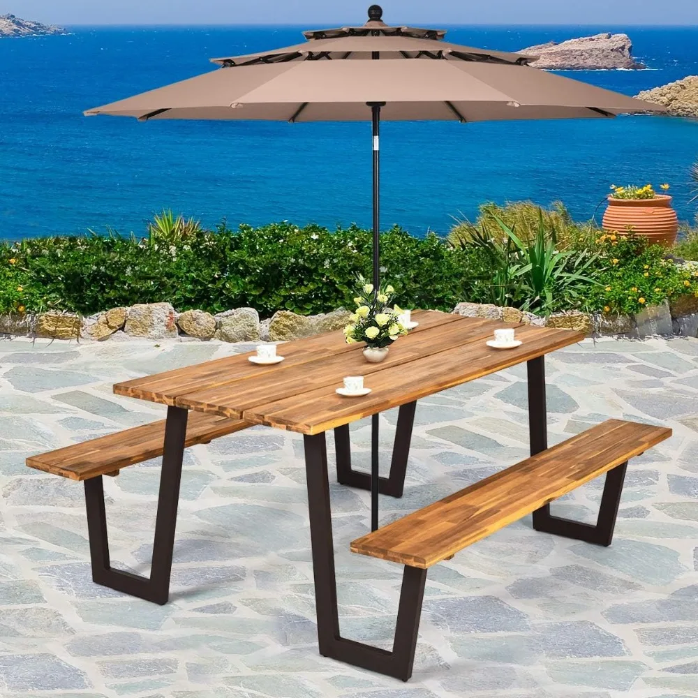 Picnic Table Bench Set with Umbrella Hole, Outdoor Dining Table Set, Acacia Wood Picnic Beer Table with Metal Frame